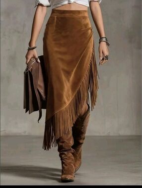 Fringe Asymmetrical Midi Skirt in Brown
